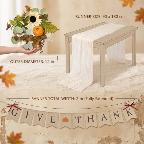 Thanksgiving Decorations Set of 4 – 2 Pack 12" Artificial Fall Wreaths, 35x71 Crinkle Chiffon Table Runner & Glitter Paper GIVE Thanks Banner with Bow – Harvest Holiday Home Decor - Image 7