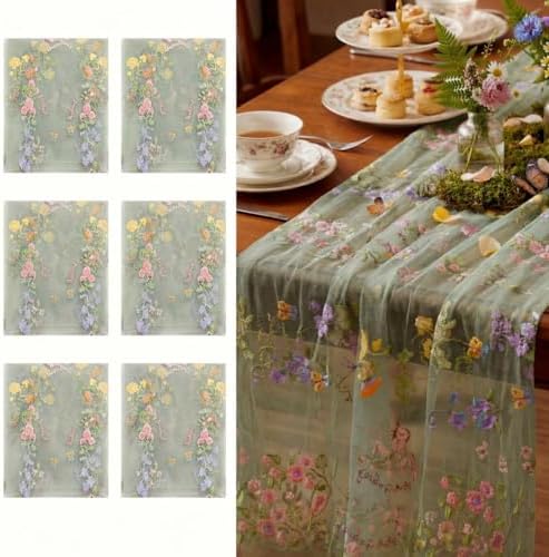 Sage Green Floral Table Runner 10ft Embroidery Tulle Spring Wildflower Gauze Table Runner Seasonal Summer Butterfly Kitchen Dining Decoration for Wedding Baby Shower Birthday Party (6 Pcs) by Windkream