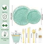 Rubtlamp 700Pcs Green Plastic Plates,Green Gold Plastic Dinnerware Set, Hammered Clear Green Plates with Gold Rim Include 100Dinner Platos,100Cake Platos,100Cups,100Pre Rolled Silverware - Image 2