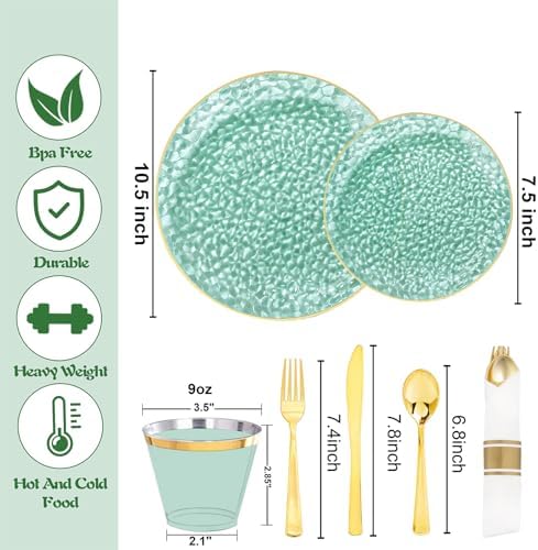 Rubtlamp 700Pcs Green Plastic Plates,Green Gold Plastic Dinnerware Set, Hammered Clear Green Plates with Gold Rim Include 100Dinner Platos,100Cake Platos,100Cups,100Pre Rolled Silverware - Image 2