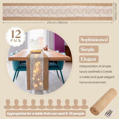 Tudomro 12 Pcs Burlap Table Runner with LED String Lights 12 x 108 Inches Rustic Jute Lace Table Runners Farmhouse Jute Linen Decoration Wedding Decor for Holiday Party Wedding Decorations - Image 2