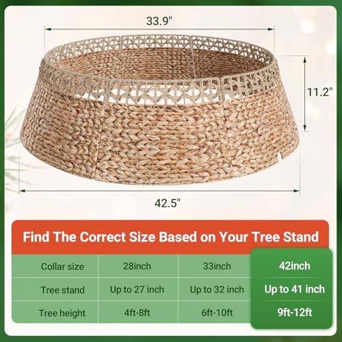 ELYKEN 42 Inch Woven Rattan Christmas Tree Collar, Stylish Seagrass & Water Hyacinth Xmas Tree Skirt for Artificial Trees, Wicker Tree Base Cover with Cord Cut-Out Farmhouse Tree Ring for Home Decor - Image 3