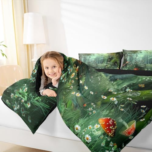 Erosebridal Magical Comforter Set King Size, Mushroom Bedding Set for Girls Women Kids Teens, Daisy Leaves Branches Sunset Nature Duvet Insert, Cute Style Soft Warm Quilted Duvet Bedroom Decor, Green - Image 5