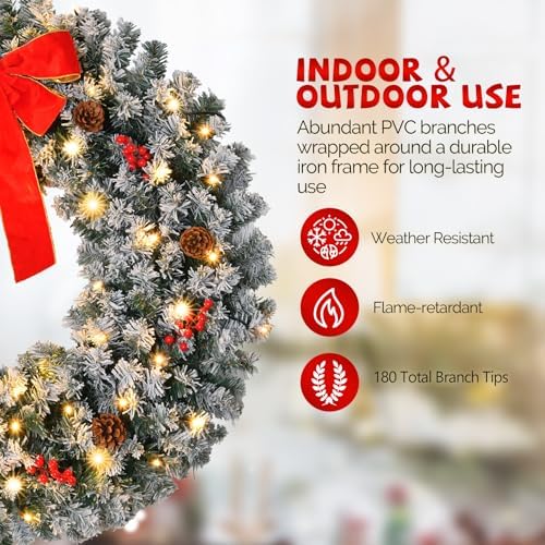 VINGLI 24" Battery Operated Pre Lit Christmas Wreath with 50 LED Lights - Image 4
