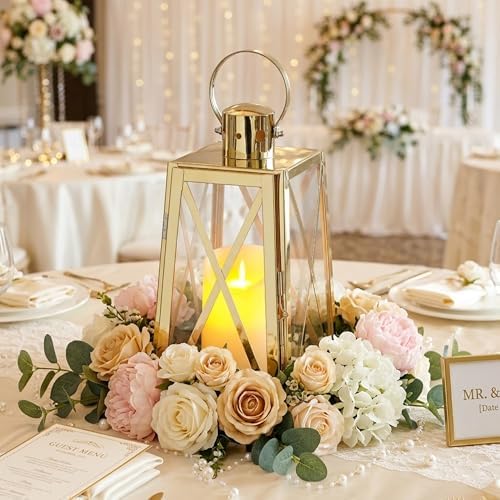 TRIROCKS Stainless Steel Decorative Lantern 12''H Metal Outdoor Candle Holder Hanging Candle Lantern with Tempered Glass for Christmas Home Wedding Living Room Parties Indoor Outdoor(Gold Trapezoid) by TRIROCKS