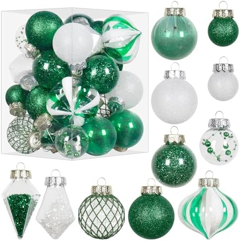 34PCS Green/White Christmas Ball Ornaments Set for Tree Decor by MoonXmas