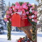 Yinder 24" W Christmas Mailbox Wreath Swag with Red White Bow, LED Lights by Yinder