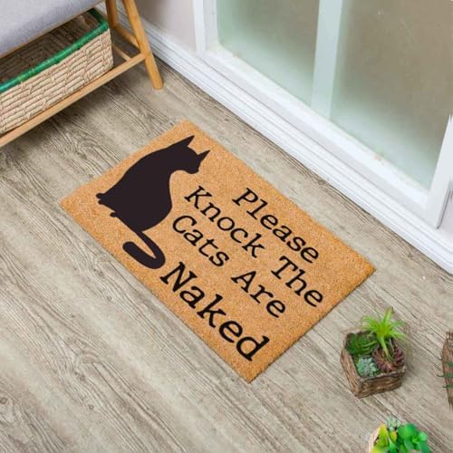 Funny Coir Doormat Please Knock the Cats are Naked Cat Welcome Front Porch Decor Doormat For The Entrance Way Personalized Rugs with Heavy-Duty PVC Back Non Slip Outdoor Coir Doormat 23.6 x 15.7 inch - Image 2