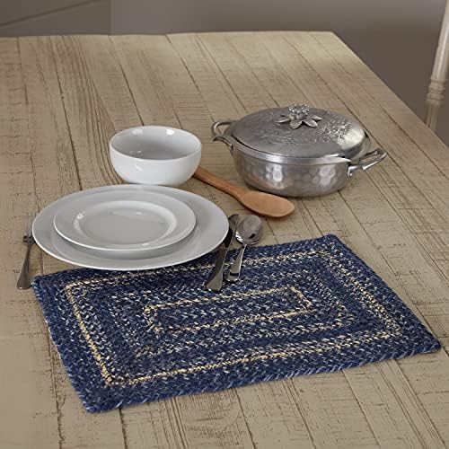 VHC Brands Farmhouse Great Falls Blue Table Placemat Blue White Jute Blend Rectangle Set of 2 12x18 Inches - Image 2
