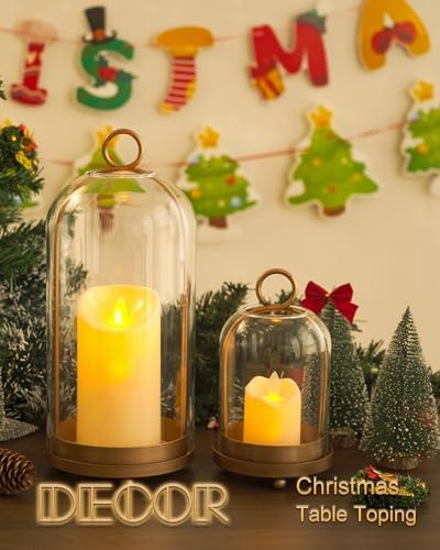 Glass Hurricane Candle Holders for Pillar Candles, Set of 2 (5" & 4" Wide) with Lamp Shape Glass Dome & Brass Base for Farmhouse, Shabby Chic Vintage Decor (Antique Brass) - Image 3