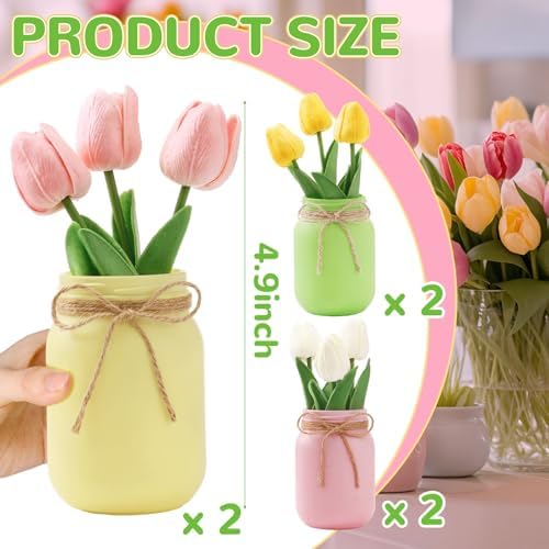 Lyrow 6 Pack Summer Centerpieces for Tables Mason Jar Flower Arrangements Artificial Tulips Farmhouse Table Decor for Home Kitchen Bedroom Outdoor Party Wedding Tiered Tray Decorations - Image 2