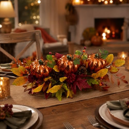 LED Lighted Pumpkin Fall Centerpiece with Maple Leaves, Berries & Pinecones - Battery Operated Thanksgiving Table Decor for Home, Mantel, or Dining - Image 5