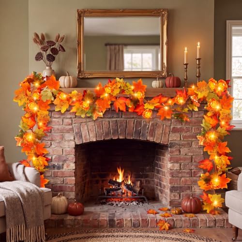 VIHOSE 2 Pack Fall Maple Leaves Thanksgiving Garland 11.5ft, Orange Green - Image 2