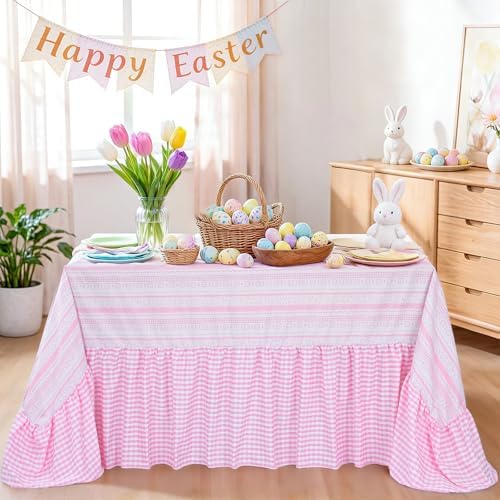 Easter Tablecloth Pink Rabbit Ruffle Table Cloth - 90 x 132 Inch Waterproof Tablecloths Rectangle Washable Polyester Bunny Flowers Table Cover for Birthday Wedding Dinner Picnic Party Decoration - Image 3