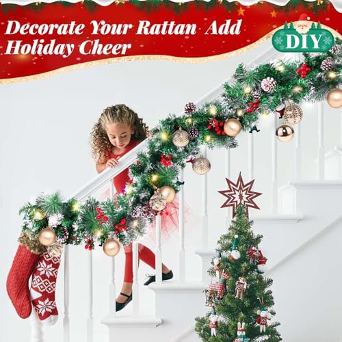 BlessedSeason 12FT Christmas Garland with Lights, Artificial Lighted Garland Indoor for Stairs, Fireplace, 65 Lights Green Garland, Cones & Red Berries & Pine Needle - Image 6