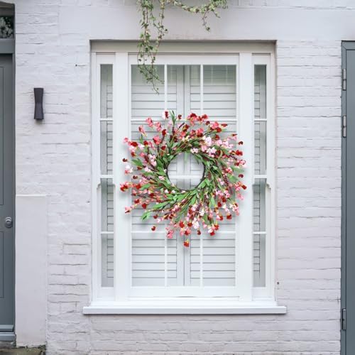 24" Spring Wreaths for Front Door Not Withering Artificial Floral Wreath with Wildflowers Summer Decorations for Indoor Outdoor Window Wall Farmhouse Porch Wedding Easter Home Decor Red Pink - Image 4