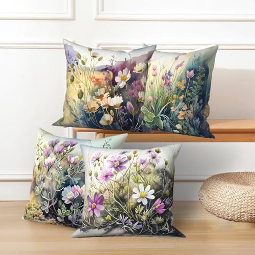 Wild Flower Throw Pillow Covers 22''x22'' Set of 4, Spring Blooming Floral Garden Pillowcases Colorful Printed Cushion Covers for Couch Sofa Home Bedroom Farmhouse Livingroom Patio Car - Image 5