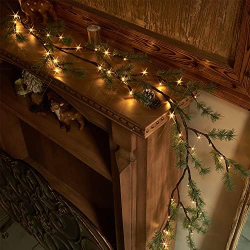 Fudios Lighted Christmas Pine Garland 6FT 48 Warm White LED Battery Operated with Timer for Mantle Fireplace Holiday Winter Decoration Indoor Outdoor Use - Image 6