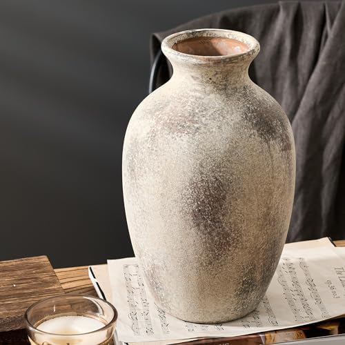 Large Ceramic Rustic Flower Vase, 10.43 Inch Tall Vintage Pottery Home Decor, Antique Farmhouse Terracotta Vase for Living Room, Table, Shelf, Mantel Decoration, Farmhouse - Natural Brown - Image 3