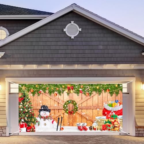 JarThenaAMCS Christmas Garage Door Banner Cover 7 x 16 Ft Xmas Tree Snowman Wood Texture Board Yard Sign Large Backdrop Photo Prop for Winter Indoor Outdoor Home Party Decor - Image 5