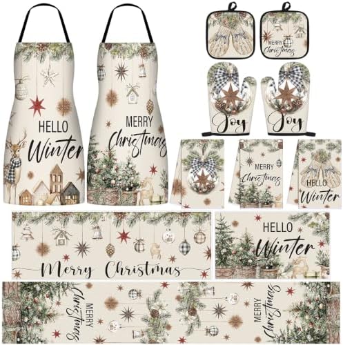 Bonuci 12 Pcs Christmas Kitchen Set Apron Table Runner Towel,Vintage by Bonuci