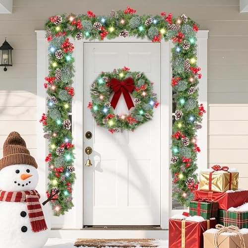 TURNMEON 9 Ft Prelit Artificial Christmas Garland Decor Timer 50 Lights 8 Modes Berry Snowy Bristle Pinecone Battery Operated Xmas Christmas Decoration Mantle Fireplace Home Indoor Outdoor - Image 4