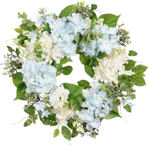 Spring Wreath Artificial Hydrangea Eucalyptus 20IN, Light Blue White Green, Spring Easter Summer Front Door Wall Décor - Image 2