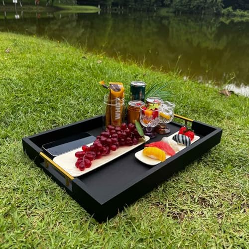 14x20 Inches Black Faux Leather Wrappen Wood Serving Tray with Metal Handles for Various Occasions, Ottoman, Home Decor Decorative, Living Room, Coffee Table Organizer, Serving Breakfast On Bed - Image 5