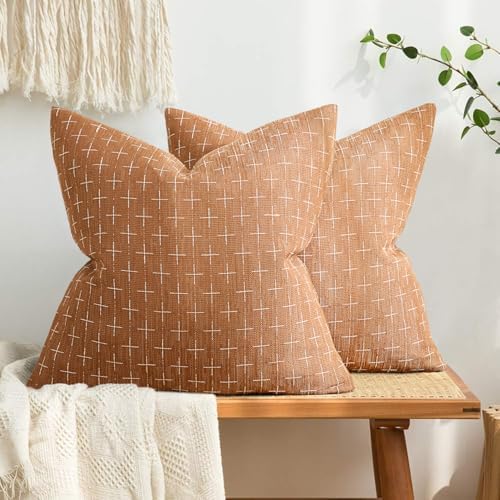 MIULEE Pack of 2 Decorative Burlap Linen Throw Pillow Covers Farmhouse Pillowcases Modern Rustic Woven Textured Cushion Cover for Sofa Couch Bed 24x24 Inch Brick by MIULEE