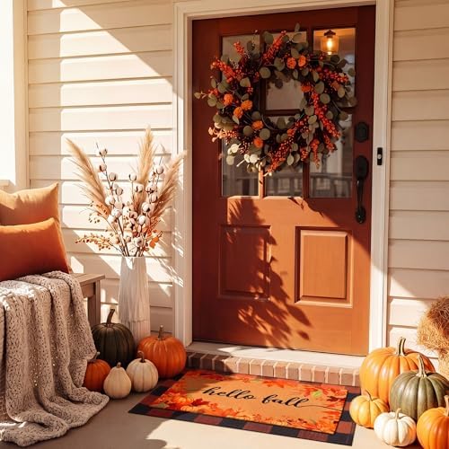 2 Pack Hello Fall Welcome Doormat, Orange Black Checkered Mat Non Slip - Image 2