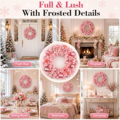 Pink Christmas Wreath for Front Door, Snow Flocked Artificial Holiday Wreath with Pink Ornaments and Berry Accents, Decorative Christmas Door Wreath for Indoor Outdoor Wall Window Fireplace - Image 5