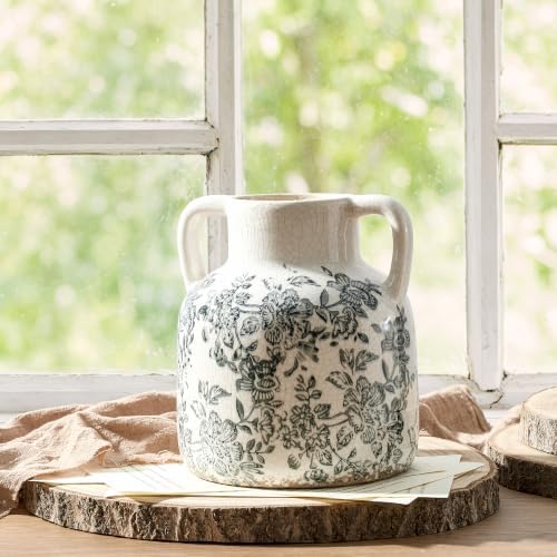 Ceramic Vase with Handles, Vintage Utensil Holder, Flower Decorative Vase Chinoiserie Decor Rustic Farmhouse Retro Floral Vases for Table Bookshelf Mantel Kitchen Living Room Office - 6.7” Gray 017 - Image 4