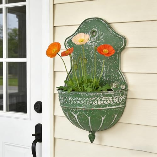 Vintage Rustic Wall Planter Distressed Decor Iron Hanging Plant Basket Shabby Metal Wall Mounted Flower Holder Pot Stand for Indoor Outdoor Home Balcony Patio Farmhouse Garden Decorative Green - Image 3
