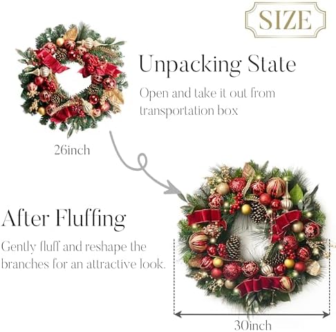 Valery Madelyn 30" Pre-Lit Large Christmas Wreath for Front Door Red Gold - Image 6