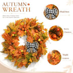 24 Inch Fall Wreath for Front Door with Storage Bag, Autumn Wreaths with Gingham Bow, Orange Maple Leaf, and Berries for Outdoor, Farmhouse Porch Thanksgiving and Harvest Festival Parties - Image 6