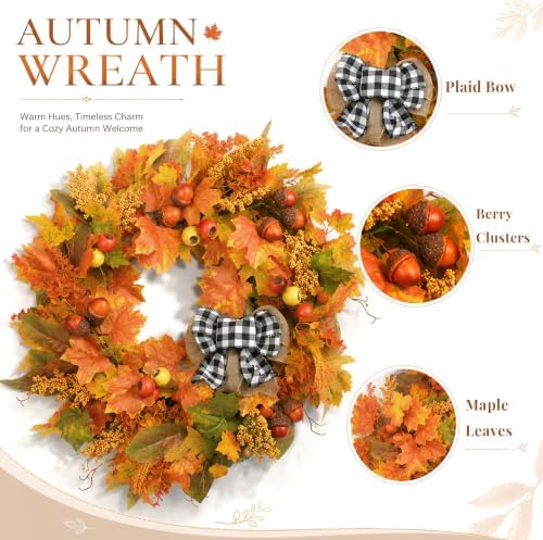 24 Inch Fall Wreath for Front Door with Storage Bag, Autumn Wreaths with Gingham Bow, Orange Maple Leaf, and Berries for Outdoor, Farmhouse Porch Thanksgiving and Harvest Festival Parties - Image 6