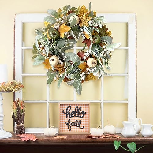 GLLBTPT Fall Wreath Full Handcrafted Autumn Front Door Wreath with Pumpkins Maple Leaves Berries for Halloween Thanksgiving Harvest Decoration (Green Leaf) - Image 4
