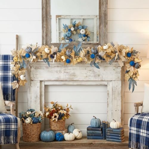 GAGEC 1Pcs 5.7FT Blue Fall Garland with Lights Timer Function Artificial Pumpkin Garland with Leaves Bow Without Battery Blue Fall Decor Autumn Vine Decorations for Mantle Fireplace Porch Thanksgiving - Image 2
