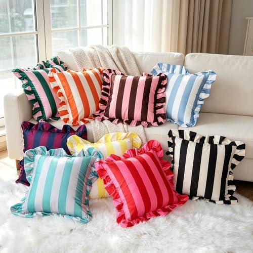 vctops Ruffle Square Throw Pillow Covers Boho Pink and Red Striped Decorative Pillowcases Set of 2, Soft Velvet Accent Cushion Cover Cases for Sofa Bed Living Room Decor (Green Grey,18"x18") - Image 6