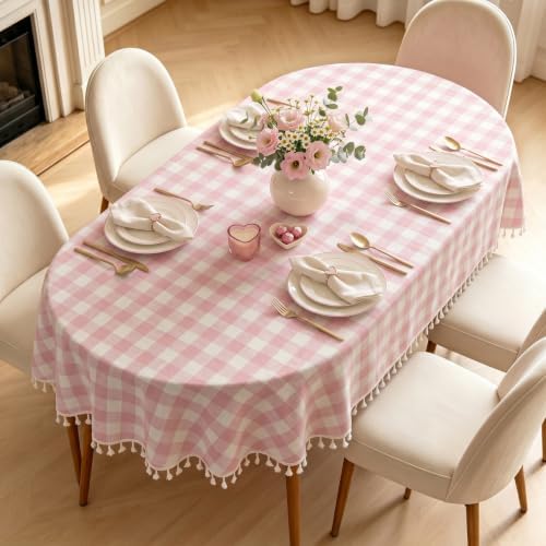Pink Gingham Oval Tablecloth, Cotton Linen Texture, 52"x70" by Pavorin