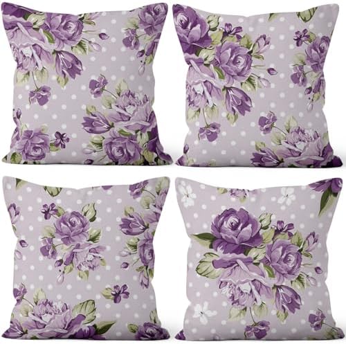 Purple Flower Throw Pillow Covers 24"x24" Set of 4, Countryside Floral Sofa Cushion Cover for Chair Couch Bed Living Room Office Car Garden Patio Farmhouse Indoor Outdoor Decorative by VieSavaran