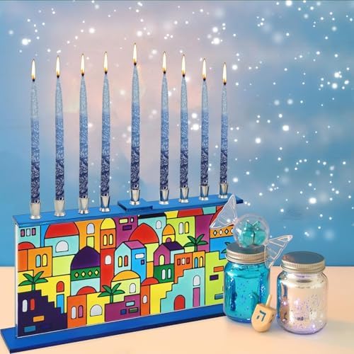 The Dreidel Company Jerusalem Design Glass Candle Hanukkah Menorah, Handcrafted Design, 11 Inch - Image 2