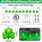20 LED Clear Green Shamrock String Lights, 12FT St Patricks Day Lights String Outdoor Waterproof with 20 LED Light for Rish Shamrock St Patrick's Day Party Indoor Home Window Porch Garden Decorations - Image 2
