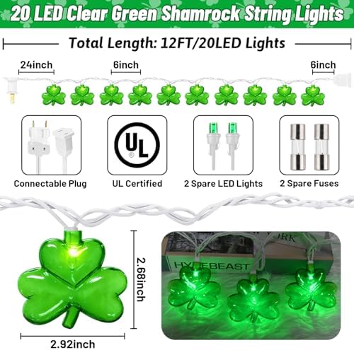 20 LED Clear Green Shamrock String Lights, 12FT St Patricks Day Lights String Outdoor Waterproof with 20 LED Light for Rish Shamrock St Patrick's Day Party Indoor Home Window Porch Garden Decorations - Image 2