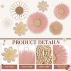 Chunful 7 Pcs Boho Wall Basket Decor Rattan Flower, Dark Pink - Image 3