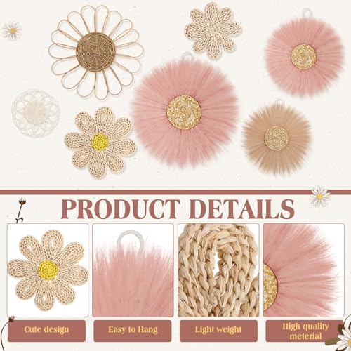 Chunful 7 Pcs Boho Wall Basket Decor Rattan Flower, Dark Pink - Image 3