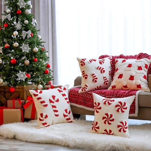 Fourluoo Christmas Trees Pillow Covers 18x18 Inch Double Sided Foil Plush White Red Green Soft Plush Faux Fur Christmas Throw Cushion Case for Sofa Living Room (4 Pcs, Candy Can, 18"×18") - Image 2