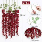 mizii 6Pcs Burgundy Wisteria Hanging Flowers 48" Silk Wisteria Artificial Flowers Garland Vines Fake Hanging Flower Decoration for Wedding Wall Backdrop Centerpieces Party Room Decor (Burgundy Red) - Image 2