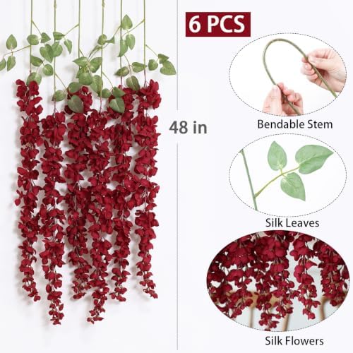 mizii 6Pcs Burgundy Wisteria Hanging Flowers 48" Silk Wisteria Artificial Flowers Garland Vines Fake Hanging Flower Decoration for Wedding Wall Backdrop Centerpieces Party Room Decor (Burgundy Red) - Image 2
