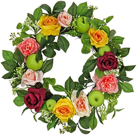 National Tree Company Artificial Spring Wreath, Woven Branch Base, Decorated with Rose and Peony Blooms, Apples, Leafy Greens, Spring Collection, 22 Inches by Unknown